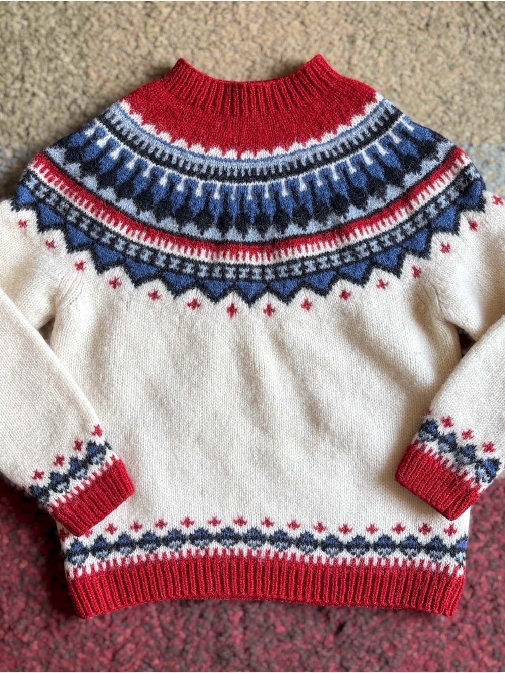 Vintage Eddie Bauer Fair Isle Yoke Wool Sweater Size S Nordic Red Blue Ivory